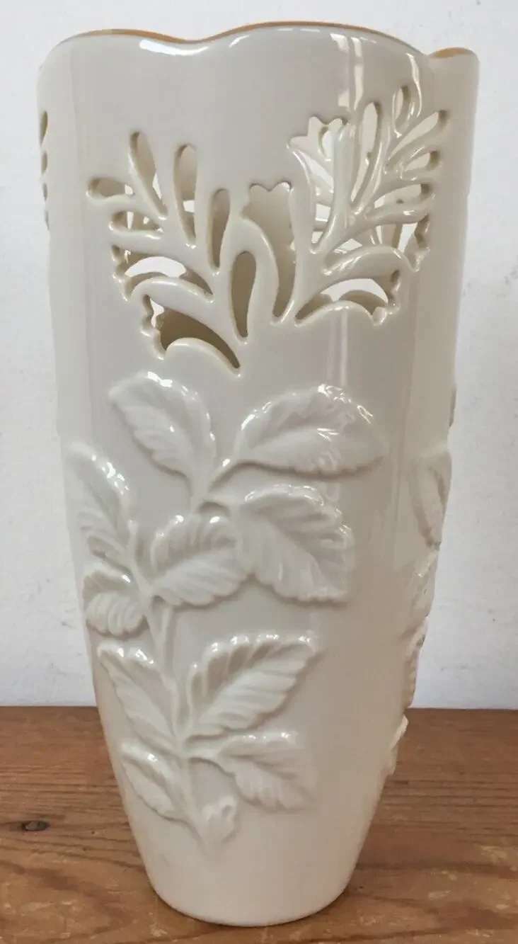 Vintage Lenox Porcelain Cream Gold Rimmed Floral Cut Out Vase USA Made 6.75